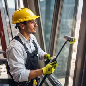 Male worker cleaning the interior windows of a Texas home