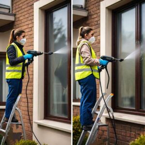 Female worker pressure-washing the windows of a residential building in Texas