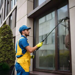 Office window cleaning in Texas with a telescopic wiper