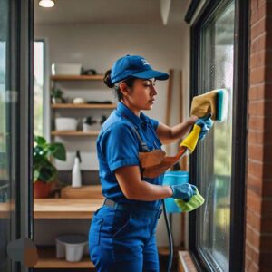 Female worker cleaning indoor window in Texas with squeegee, soap and sponge