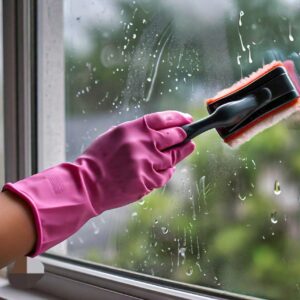 Human hand in a pink latex gloves cleans window with a brush