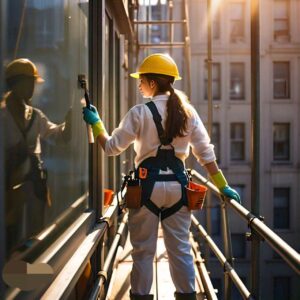 Skyscraper window cleaning in Texas by an employee of a janitorial company