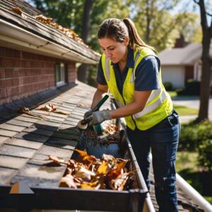 Gutter cleaning in Texas by a female employee of a janitorial cleaning company