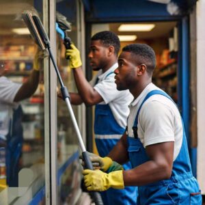 Store window cleaning in Texas by technicians of a cleaning company