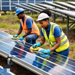 A male and female worker are seen cleaning solar panels in Texas