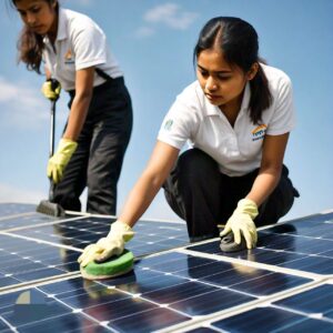 Female workers cleaning solar panels in Texas