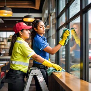 Restuarant window cleaning in Texas by the employees of a janitorial services company