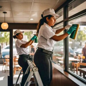 Restuarant window cleaning in Texas by the employees of a janitorial services company