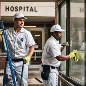 Exterior window cleaners working at a Texas hospital