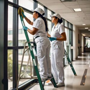 Professional hospital window cleaning in Texas by female employees of a janitorial company