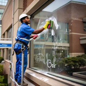 hospital window cleaning in Texas by employee of a janitorial company