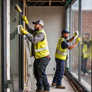 Two male workers do post-construction window cleaning in Texas