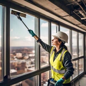 A female worker does post-construction window cleaning in Texas