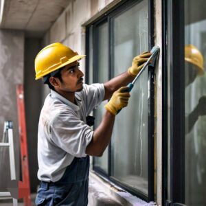 A male worker does post-construction window cleaning in Texas