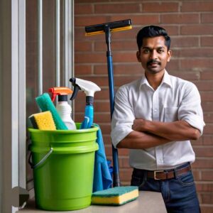 Male professional window cleaner in Texas stands next to a green bucket filled with cleaning products.