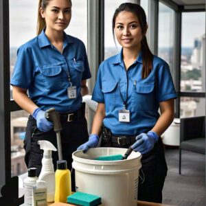 Two female professional window cleaners stand next to a white bucket and some cleaning products.