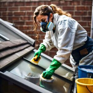 Skylight cleaning in Texas by a female employee of a janitorial company