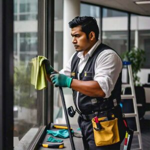 Male worker cleaning and repairing the interior screen of a window in Texas