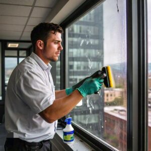 Male worker cleaning stubborn stains off the interior screen of a window in Texas