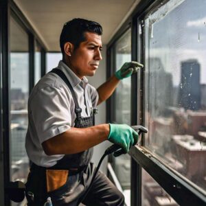 Male worker attempting to repair the interior screen of the window of a highrise building in Texas