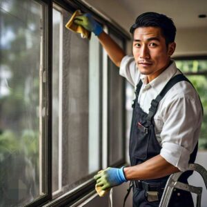 Male worker cleaning the interior screen of an apartment window in Texas