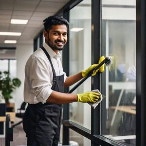 Male worker cleaning the interior screen of an apartment window in Texas