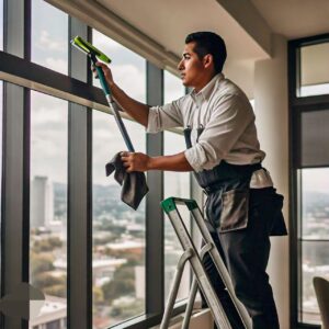 Male worker cleans the interior window screen of a highrise building in Texas