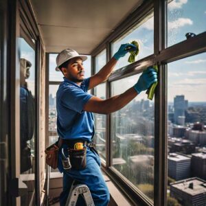 Male worker cleans the interior window screen of a highrise building in Texas