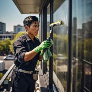 Male worker cleans the exterior window screen of a residential building in Texas