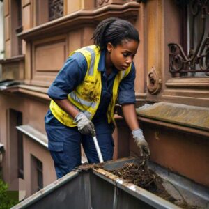 Gutter cleaning in Texas by a female employee of a janitorial cleaning company