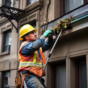 Gutter cleaning in Texas by a male employee of a janitorial cleaning company