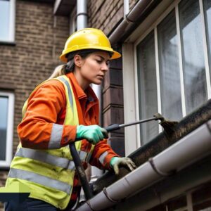 Gutter cleaning in Texas by a female employee of a janitorial cleaning company