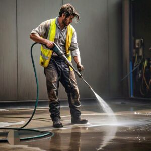 Expert pressure washing in Texas by an employee of a janitorial cleaning company