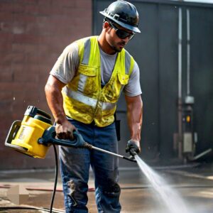 Professional pressure washing in Texas by an employee of a janitorial cleaning company