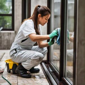 Track and sill window cleaning in Texas by an employee of a janitorial services company