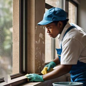 Track and sill window cleaning in Texas by an employee of a janitorial services company