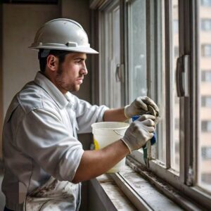 Track and sill window cleaning in Texas by a male employee of a janitorial services company