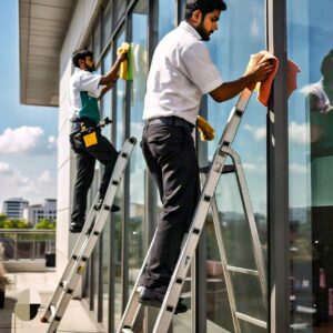 Office buildings window cleaning service workers