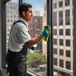 Office window cleaning in Texas by a male technician of a cleaning company