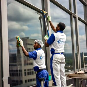 Office window cleaning in Texas by an employee of a cleaning company