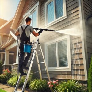 Male worker power-washing residential building in texas